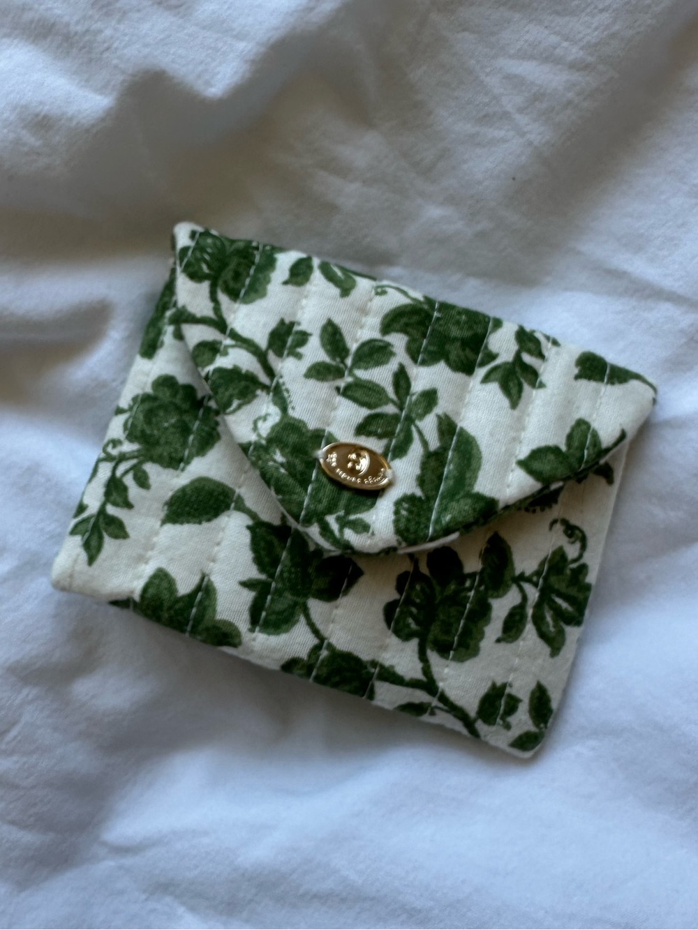 Sezane Green Floral Quilted Envelope Wallet with Gold Snap